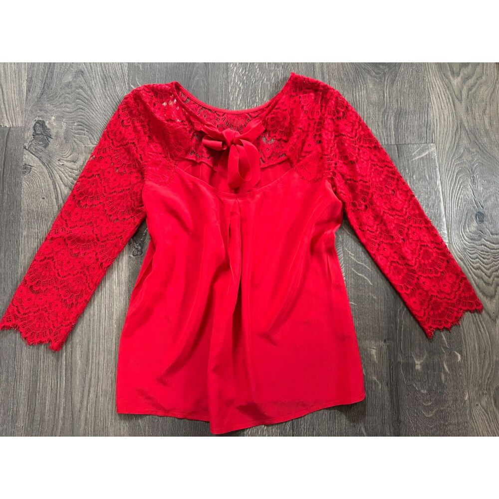 Sezane Adeline Silk Lace Bright Holiday Red Open Back Blouse 36 / 4 / S - Picture 4 of 7